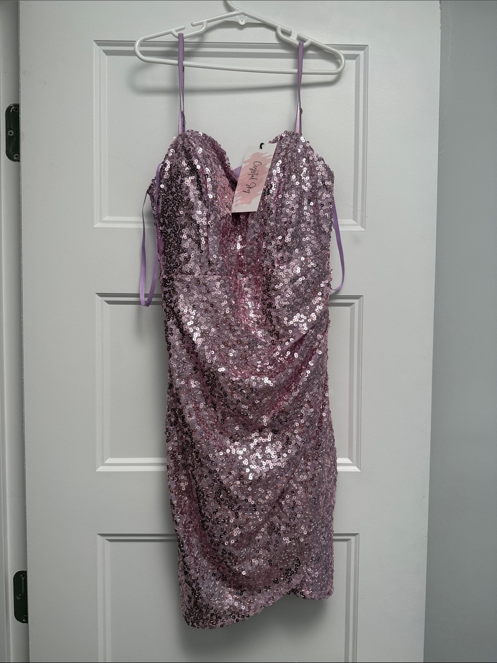 Sequin Cowl Mini Dress in Lavender Pink